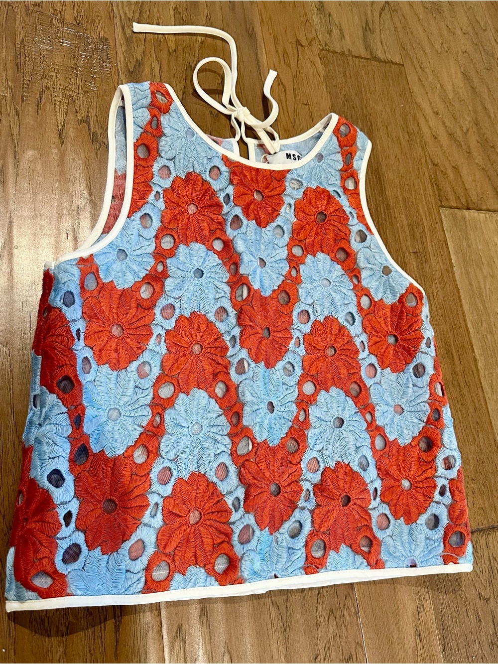 MSGM Red & Burnt Orange Floral Eyelet Shell
